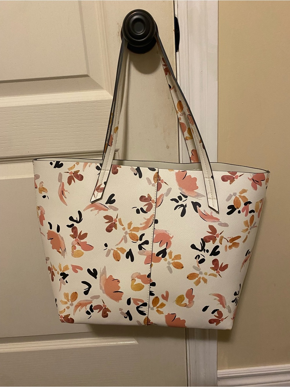 White Floral Print Tote Bag with Pink and Peach Accents